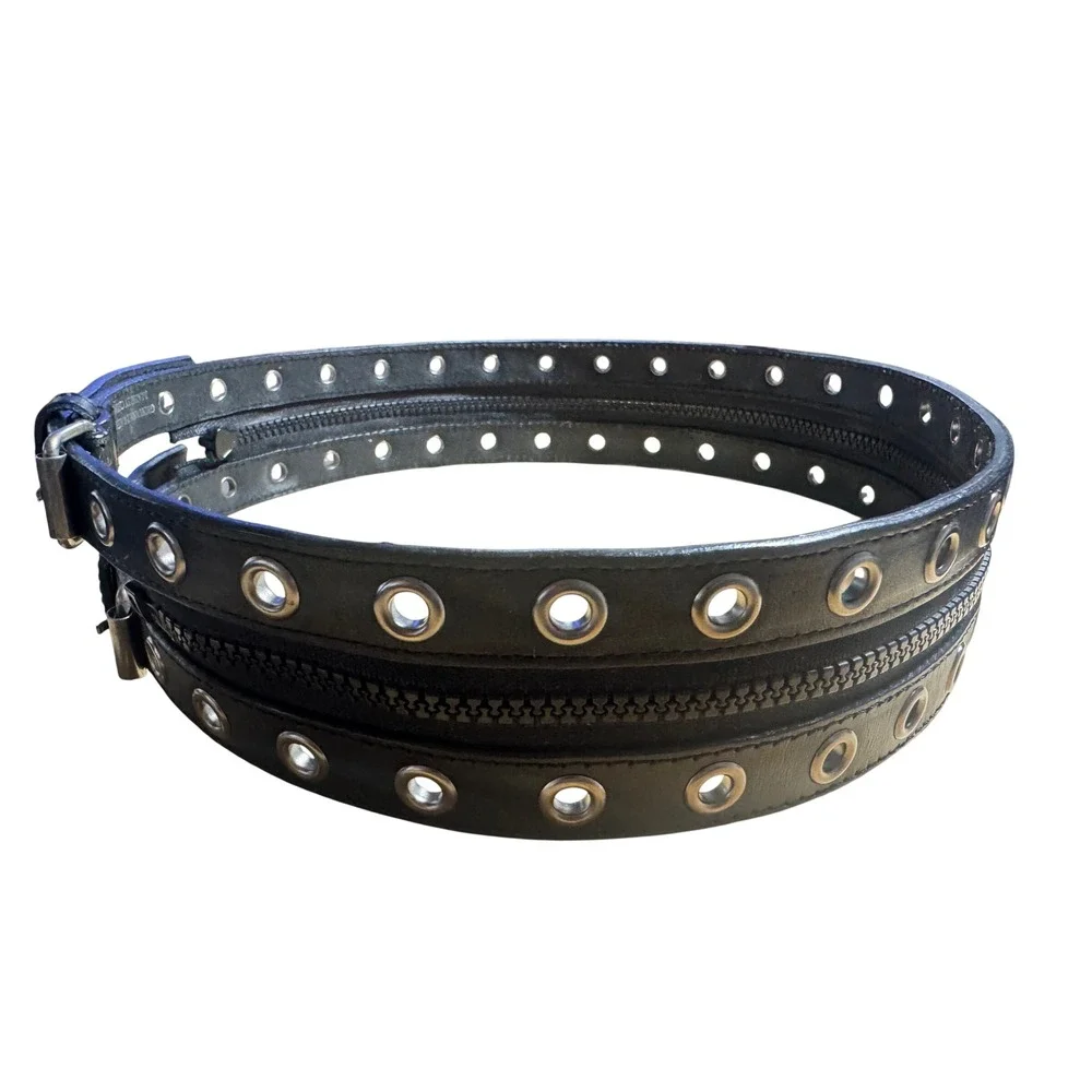 Express Black Leather Double Grommet Zipper Belt Small Punk Grunge Edgy Y2k 00's